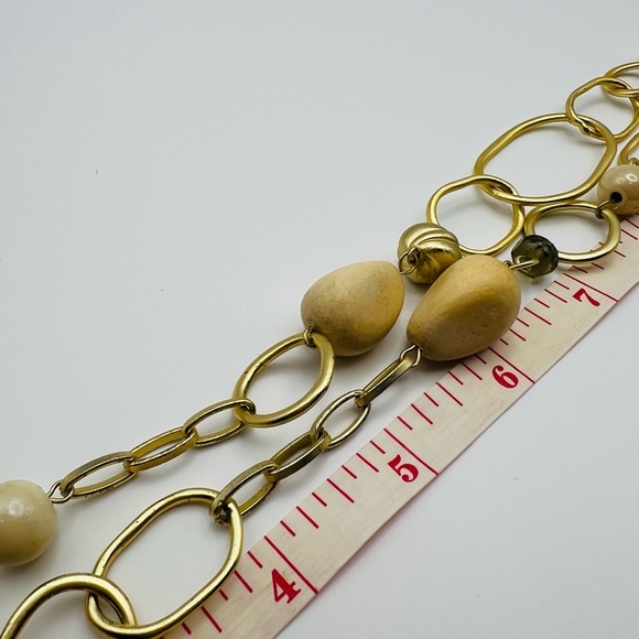 Long Gold Tone Chain Necklace w/ Natural Beads Modern 30” Boho - Picture 4 of 4